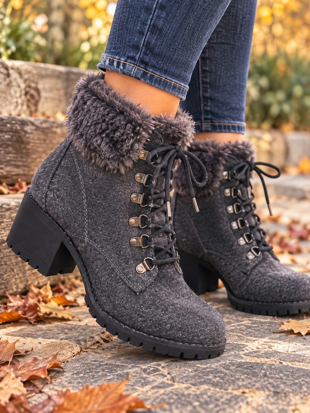 Cliffs by White Mountain Trident Gray Faux Fur Lace Up Ankle Boots 8.5